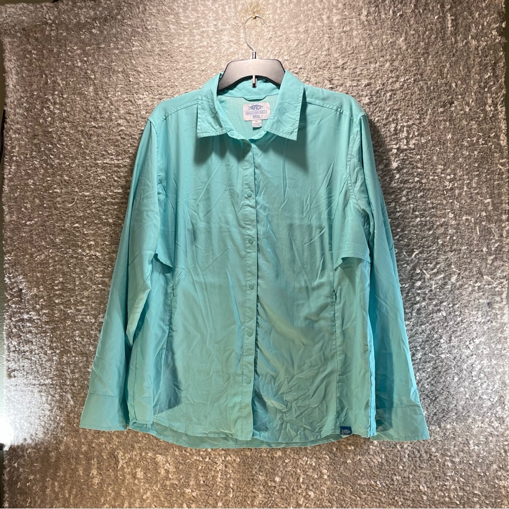 AFTCO Women's Fishing Shirt Vented Lightweight XL Blue Green Snap Down Polyester